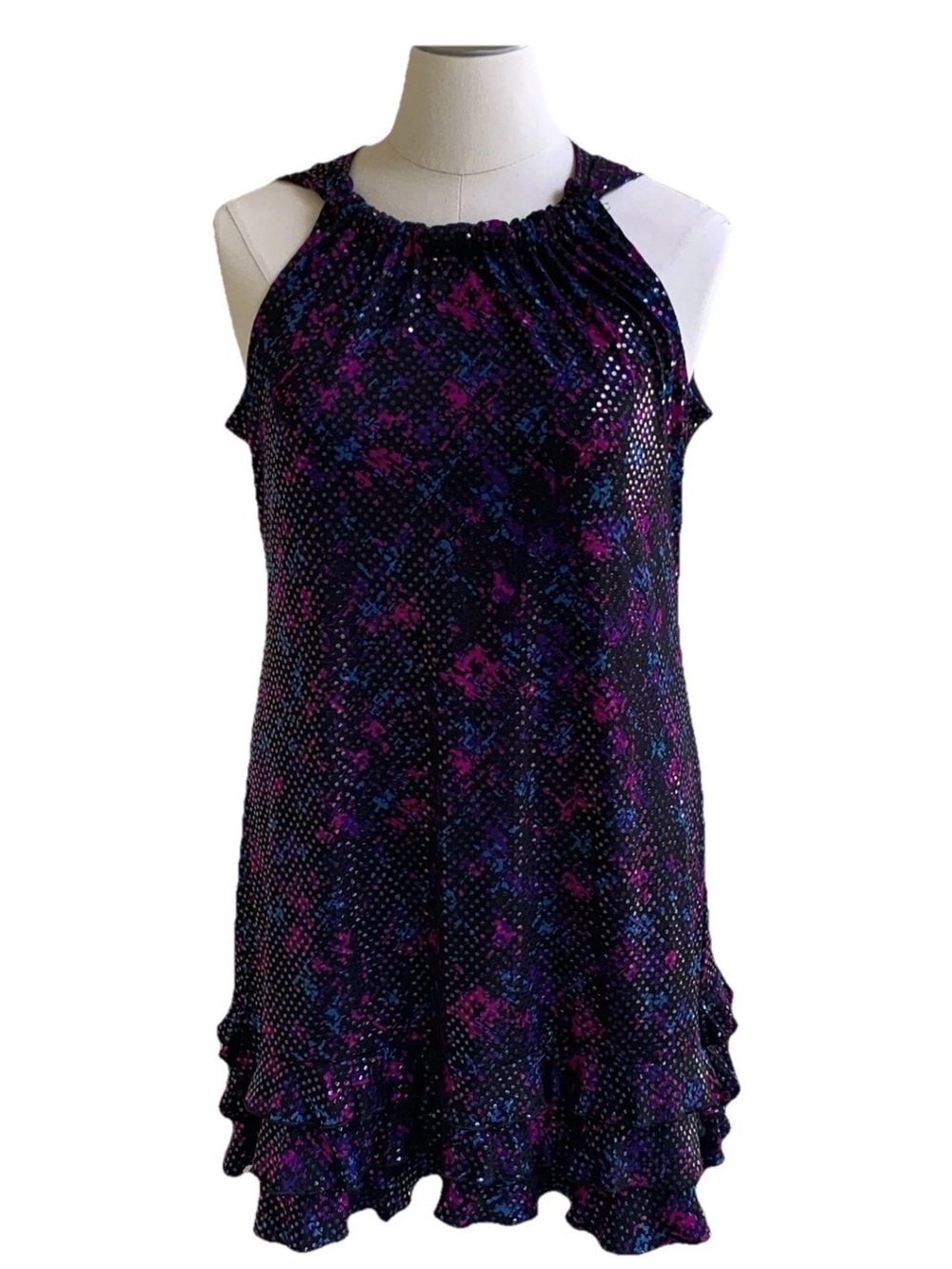 MSK Halter Dress 16 Oscar Neck Sleeveless Black Floral Geometric Sparkle NYE